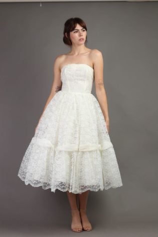 50s Scalloped Lace White Tea Dress Xs S : Strapless Draped Chiffon Fit Flare New Look Era Wedding