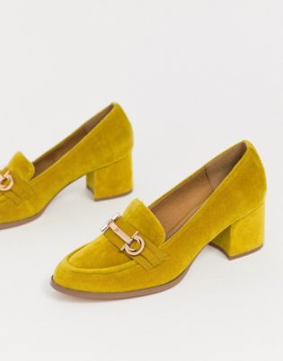 Asos Design Stirrup Mid Heeled Loafers In Mustard