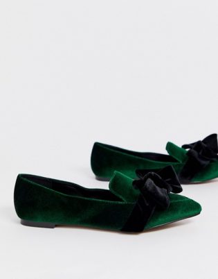 Asos Design Wide Fit Ludo Bow Pointed Ballet Flats In Green Velvet