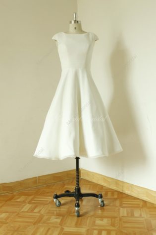Audrey Hepburn Style Ivory Tea Length Chiffon Wedding Dress, Lovey Wedding Dress With Cap Sleeves