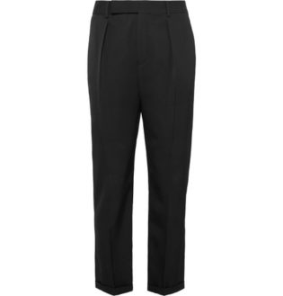 Black Slim Fit Tapered Pleated Wool Gabardine Trousers