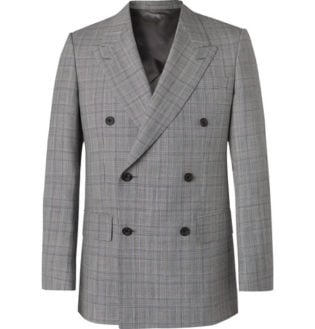 Grey Slim Fit Unstructured Double Breasted Houndstooth Summer Weight Wool Suit Jacket