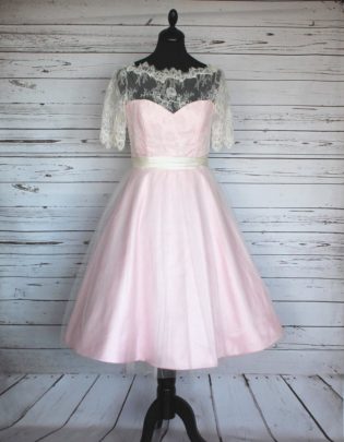 Made To Order, 50s Inspired Pink And Ivory Lace Bateau Neckline Wedding Dress, With 3:4 Sleeves