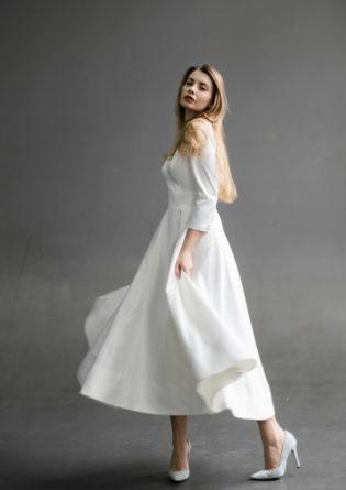 white satin tea length dress