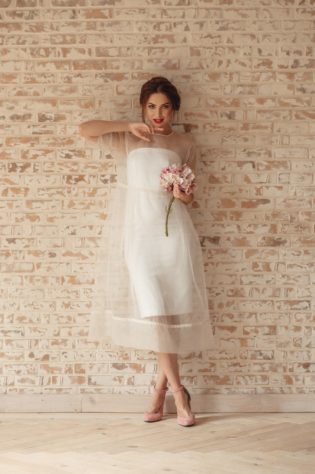 pink tea length wedding dress