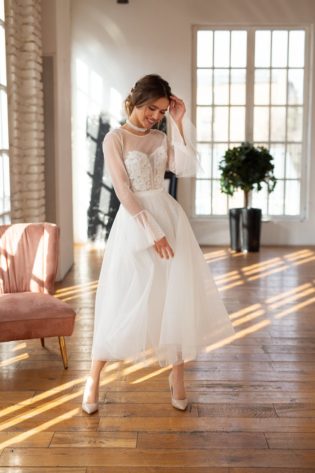 Modest Wedding Dress, 50s Wedding Dress, Tea Length Tulle Gown, Reception Or Cocktail Party Dress