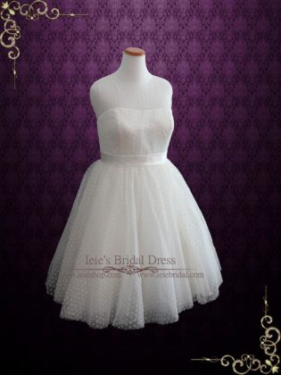 Plus Size Retro Tea Length Wedding Dress With Polka Dot Tulle, Short Wedding Dress, Knee Length