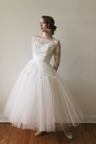 long sleeve lace tea length wedding dress