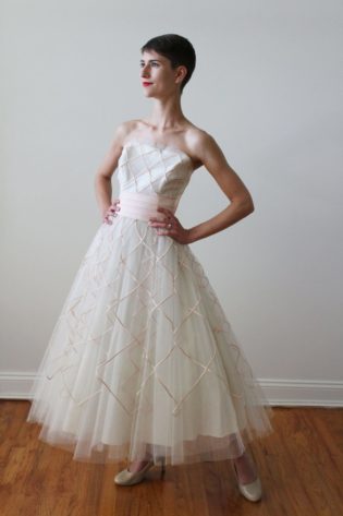Vintage 1950s Tulle Tea Length Wedding Dress With Pink Ribbon Details