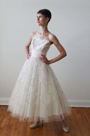 pink tea length wedding dress