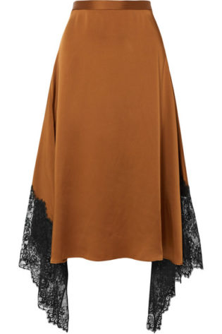 Asymmetric Lace Paneled Satin Midi Skirt