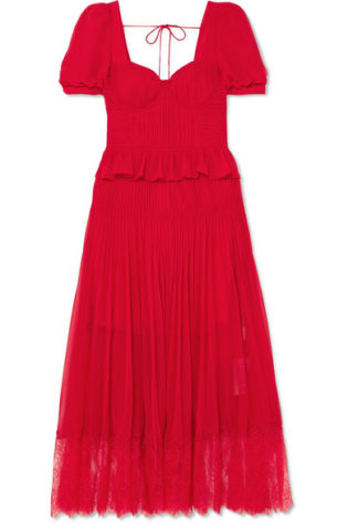 Lace Trimmed Pleated Chiffon Midi Dress