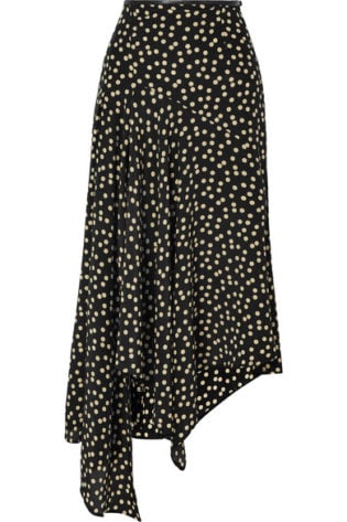 Leather Trimmed Polka Dot Silk Crepe Midi Skirt