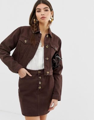 Asos Design Denim Jacket With Mock Horn Buttons In Chocolate