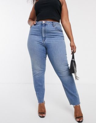 Asos Design Curve Farleigh High Waisted Slim Mom Jeans In Pretty Bright Mid Wash With Raw Hem