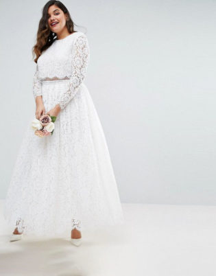 Asos Edition Curve Lace Long Sleeve Crop Top Maxi Wedding Dress