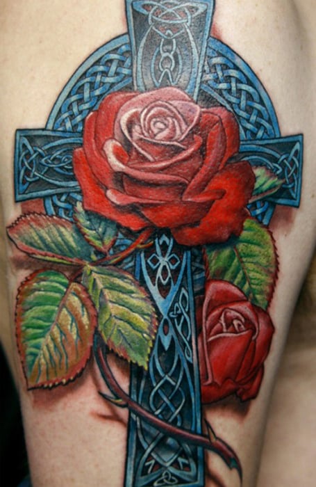 Cross With Flowers Tattoo
