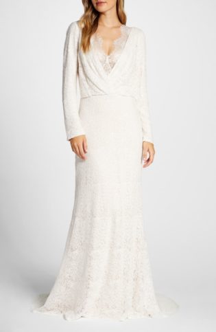 Drape Neck Long Sleeve Lace Wedding Dress
