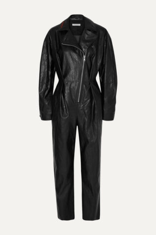Embroidered Crinkled Faux Leather Jumpsuit