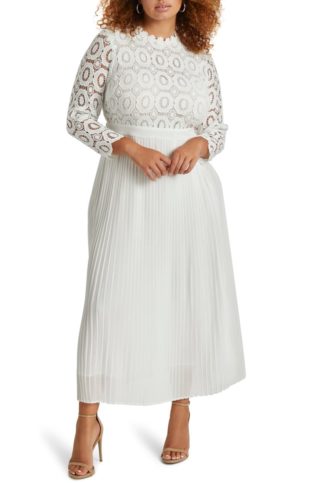 Lace Bodice Pleated Long Sleeve Evening Dress