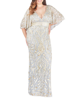Plus Size Sequin Embellished Plunge Neck Drape Sleeve Gown