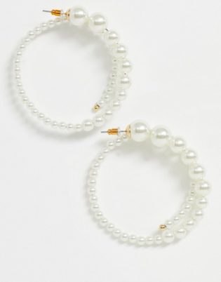 Asos Design Hoop Earrings In Wrapped Graduating Pearl Design In Gold Tone