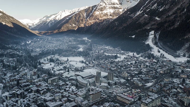 Aerial Drone View Of Chamonix Mont Blanc, In French Alps