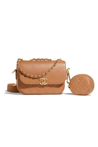 Flap Bag & Coin Purse, Calfskin & Gold Tone Metal, Beige Chanel