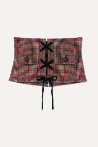 Velvet And Leather Trimmed Prince Of Wales Checked Wool Blend Corset Belt