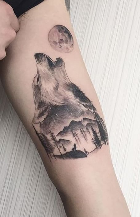 Wolf And Moon Tattoo