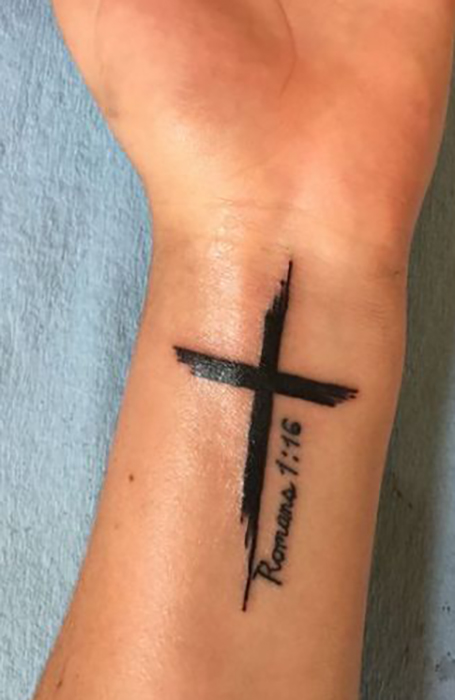 cross tattoo side wrist