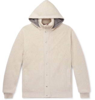 Beige Ribbed Cashmere And Shell Hooded Down