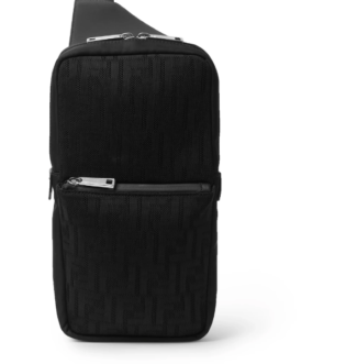 Black Leather Trimmed Logo Jacquard Mesh Sling Bag