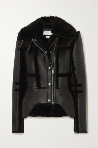 Shearling Trimmed Leather Biker Jacket