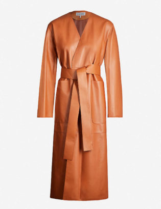 Wrap Over V Neck Leather Coat