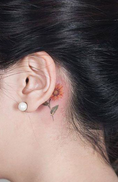 Behind The Ear Sunflower Tattoo