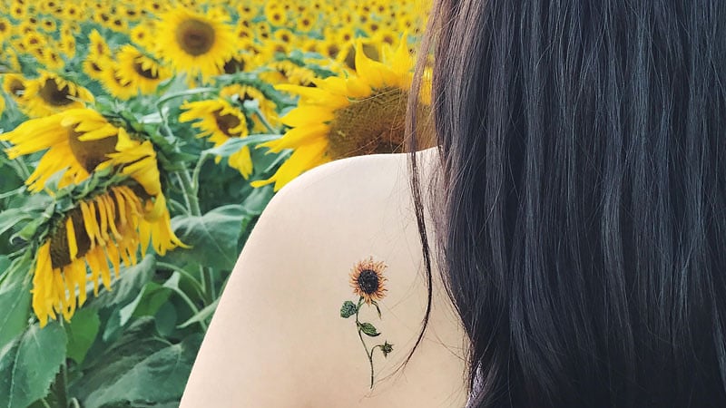 Microrealistic sunflower and moon tattoo located on