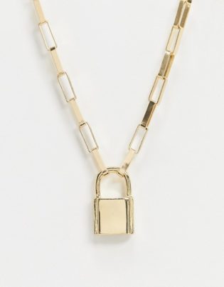 Asos Design Padlock Necklace In Gold Tone
