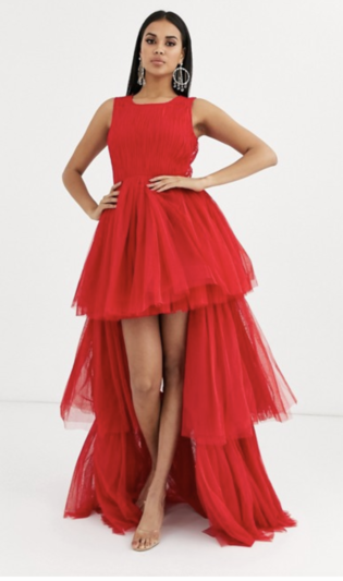 Lace & Beads Tulle Layered Maxi Dress In Fiery Red