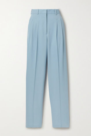 Pleated Wool Blend Twill Straight Leg Pants