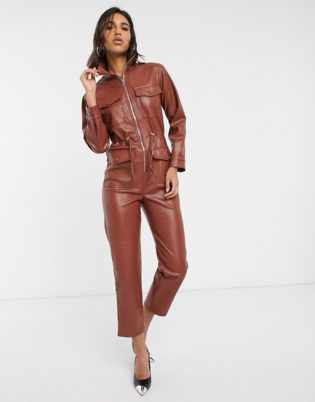 Warehouse Faux Leather Utility Boilersuit In Brown