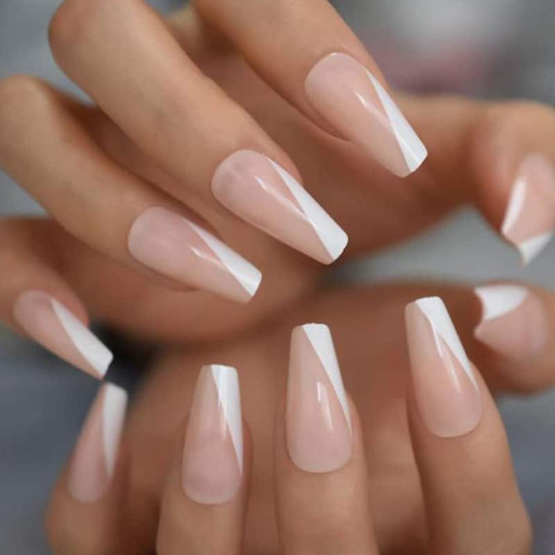 White Corner Tip Coffin Nails