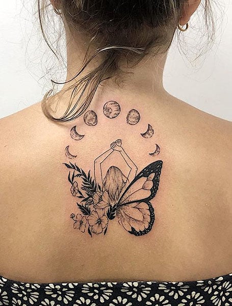 Outline Tribal Butterfly Tattoo On Back Shoulder