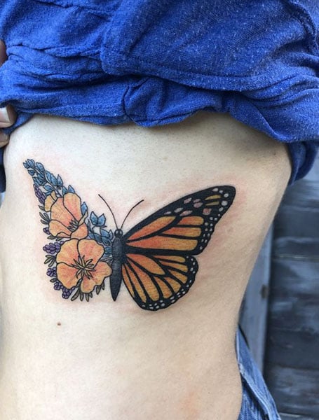 Single Needle Rose Winged Butterfly tattoo