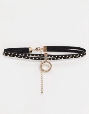 Asos Design Choker Necklace With Studs And Ring In Gold Tone