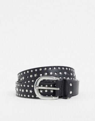 Asos Design Silver Stud And Star Detail Waist And Hip Jeans Belt In Black