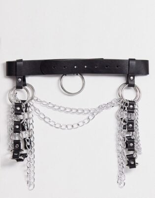 Asos Design Trophy Ring And Chain Suspender Waist And Hip Belt In Black And Silver
