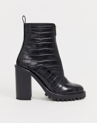 Asos Design Wide Fit Bella Front Zip Chunky Boots In Black Croc