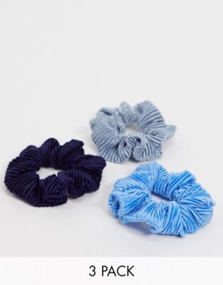 Asos Design Pack Of 3 Pleated Velvet Scrunchies In Blue Tones