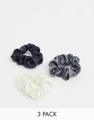 Asos Design Pack Of 3 Skinny Scrunchies In Black White Grey Satins
